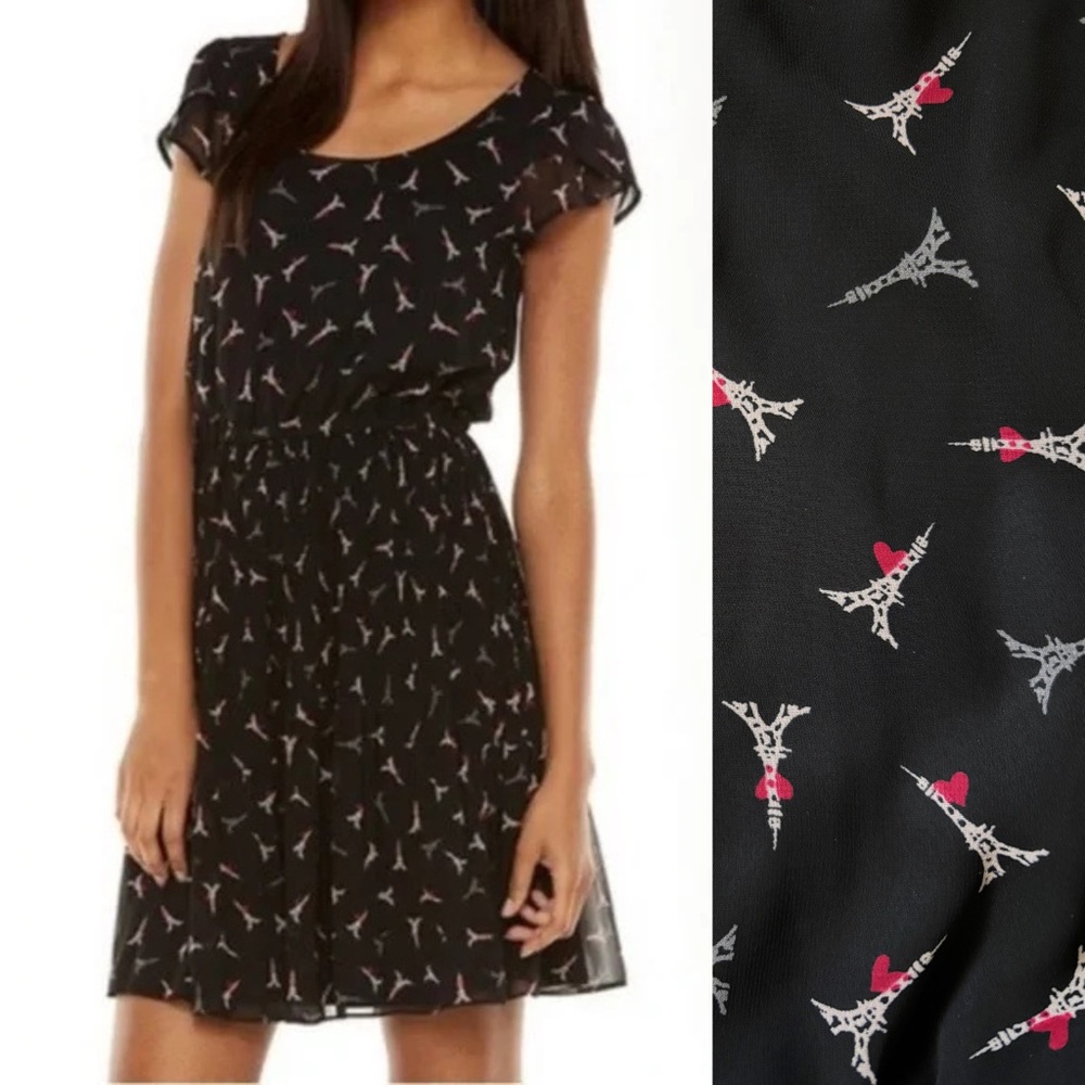 Elle Eiffel Tower Heart Print Black Pleated Mini Dress Womens Small Paris Retro